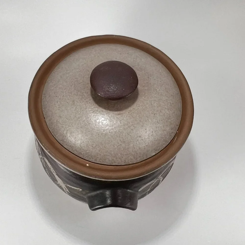 Vtg Studio Pottery Dish Pot Crock Stoneware Handles Lidded Earth Tones Rustic